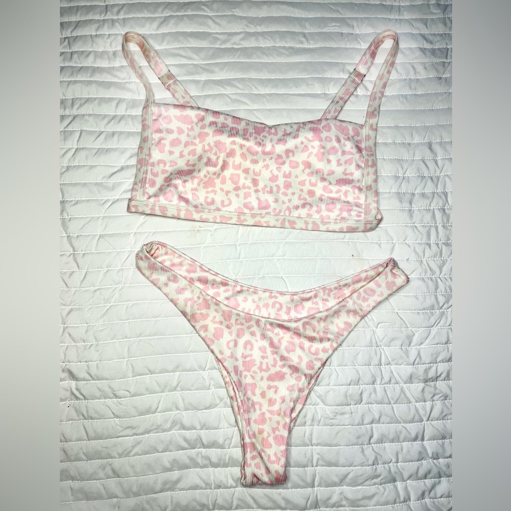 Pink and white animal print bikini